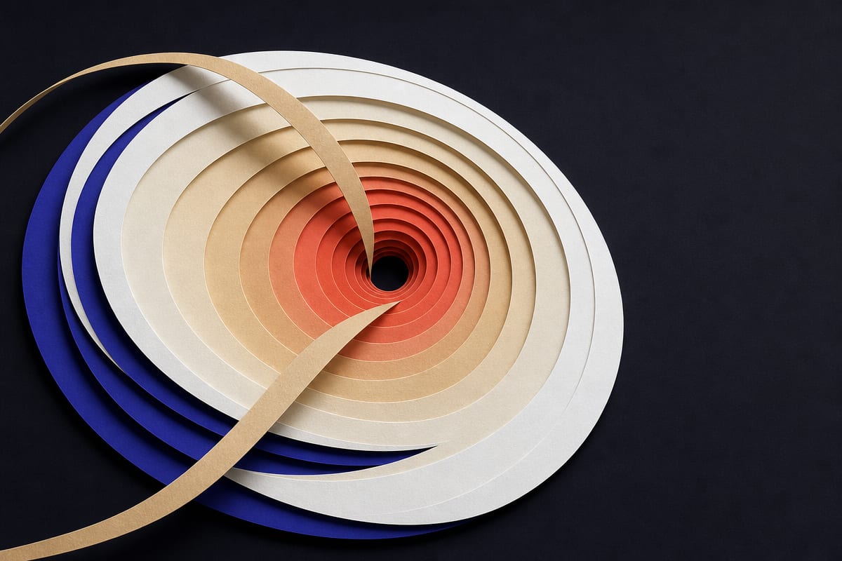 Concentric paper rings tilted at a steep angle, narrowing and warming toward a dark centre, with two pale streamers curving inward