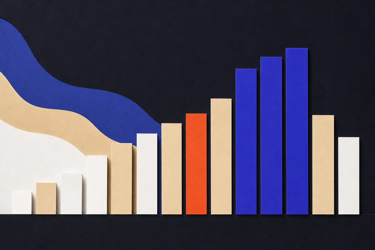 Cut-paper bars rising in a measured progression from left to right, then stepping back down