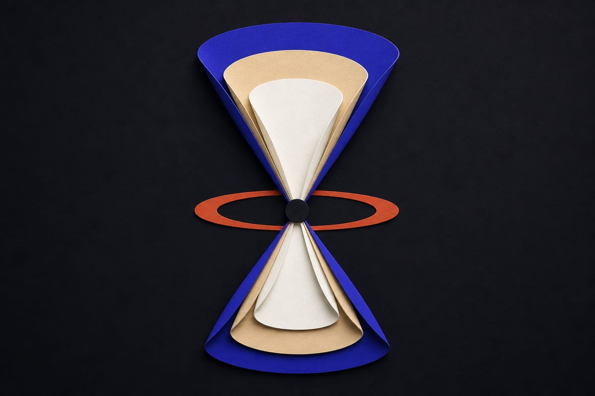 Two narrow layered paper cones opening upward and downward from a small dark disc encircled by a flat elliptical ring