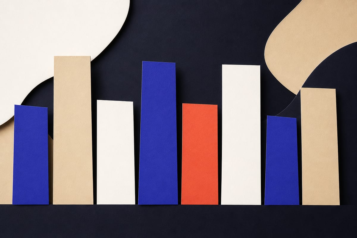Cut-paper rectangles of different widths and heights standing side by side on one baseline like volumes on a shelf