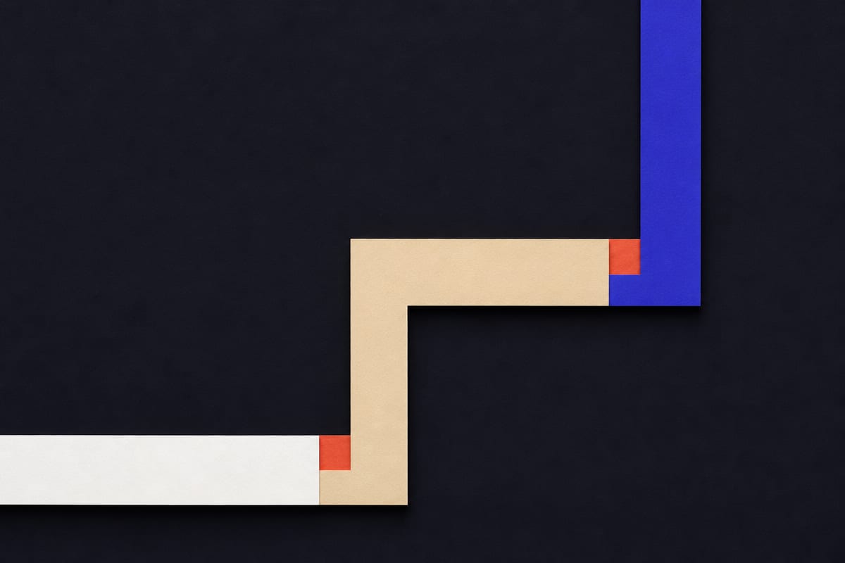 A single paper band travelling from lower left to upper right, making two right-angle turns, each corner marked by a small coral square